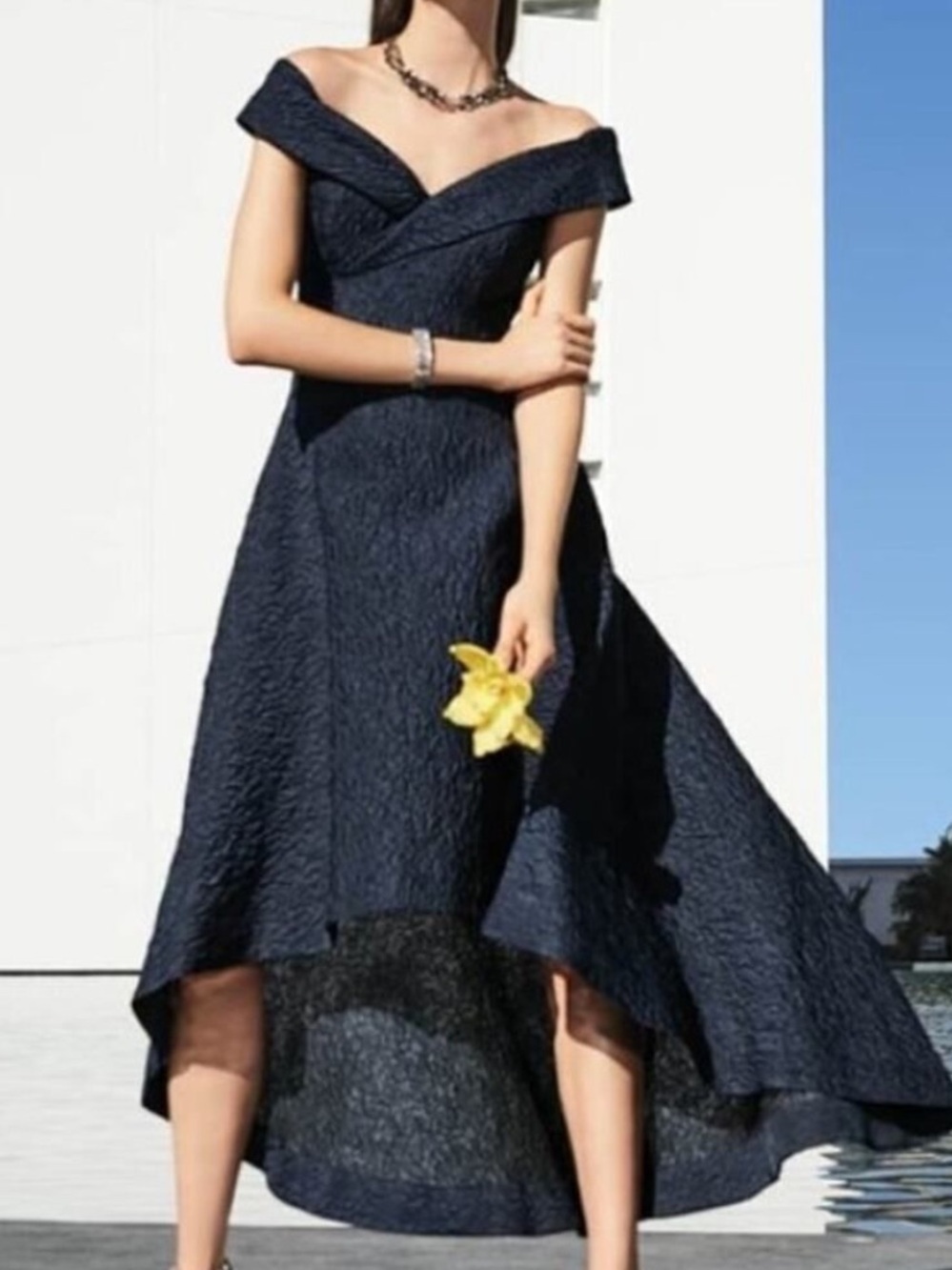 Rickie Freeman for Teri Jon Off-the- Shoulder High Low Navy Jacquard Gown S 14
